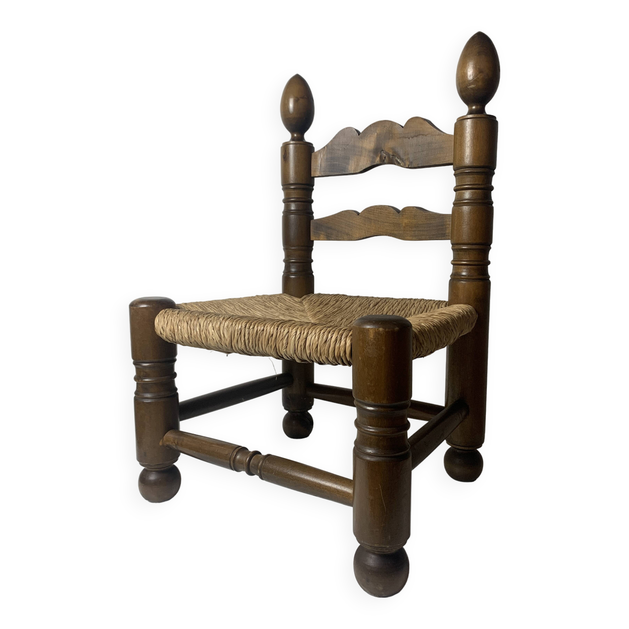 Wood Turned Bobbin Low Rush Chair in the manner of Charles Dudouyt, France, 1950s