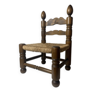 Wood Turned Bobbin Low Rush Chair in the manner of Charles Dudouyt, France, 1950s