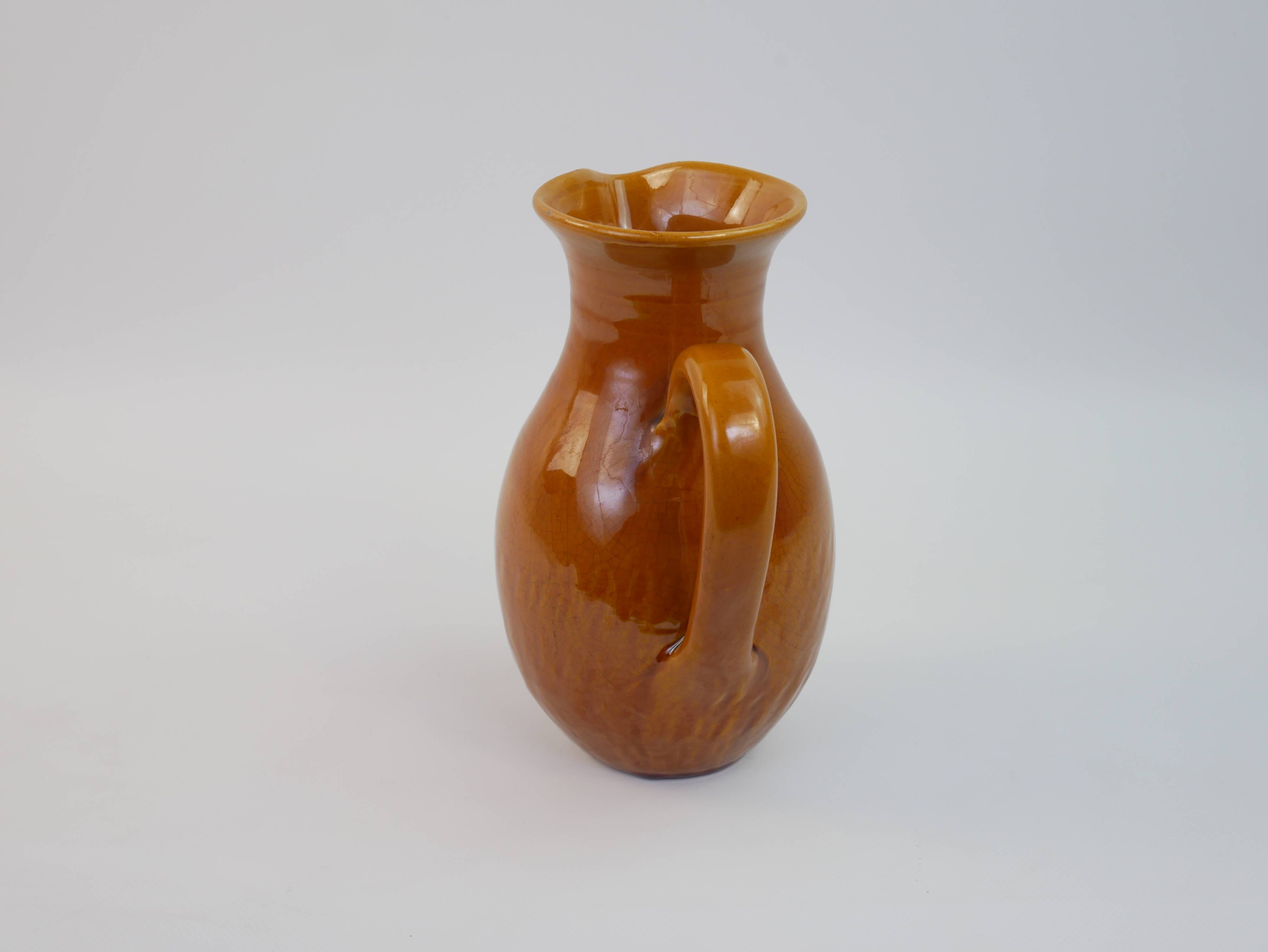 Yellow ochre ceramic pitcher signed Félix Céram Vallauris circa 1960