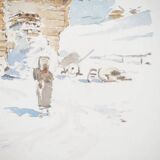 René leverd: switzerland, the sheepfold of lagnau, original signed watercolor