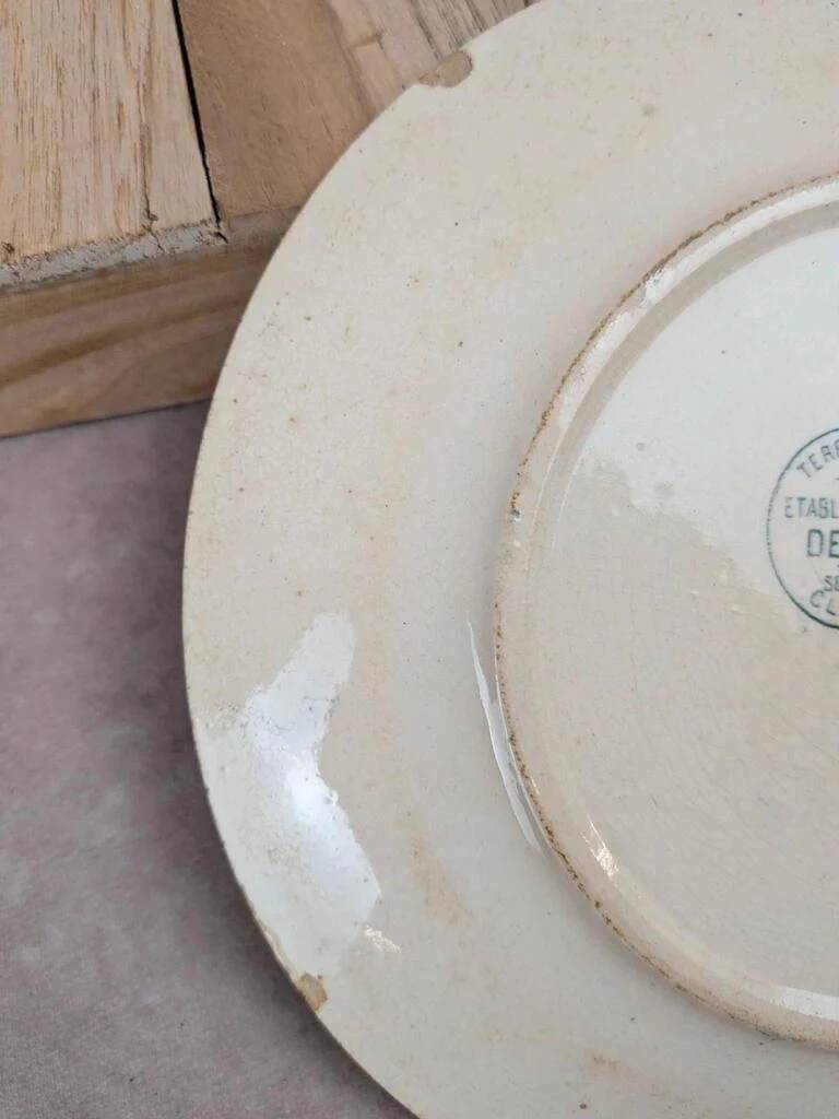 Set of 3 antique flat plates made of ironstone from the Debray Establishments, Clichy service.