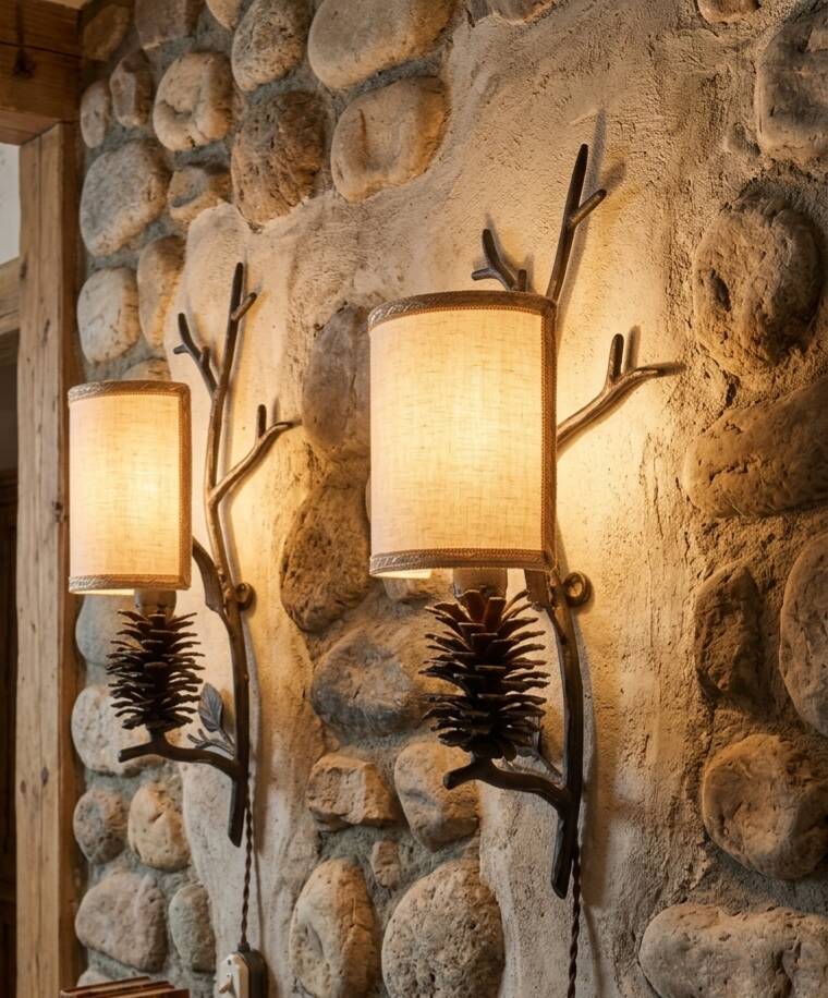 2 wall sconces pine cone branch lamps