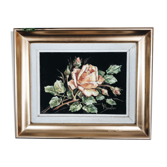 Painting on velvet "La rose" signed L. Boucher
