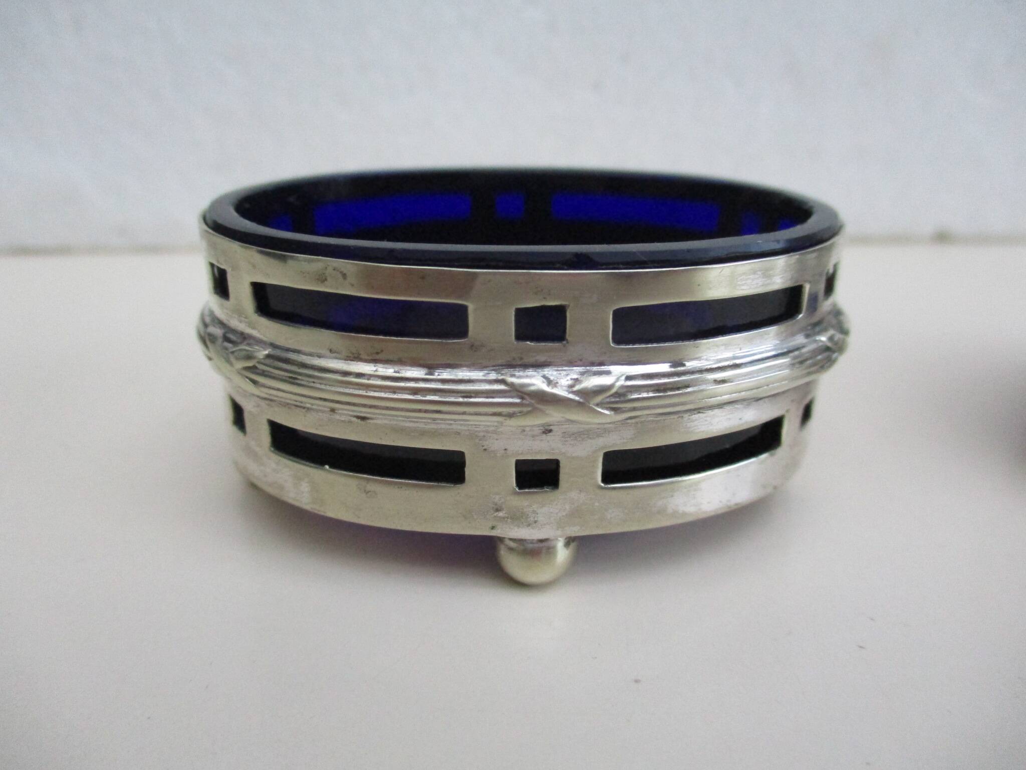 Silver metal and cobalt glass salt pots - EP St & co