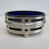 Silver metal and cobalt glass salt pots - EP St & co
