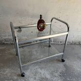 Vintage silver chrome-plated steel and glass two-tier serving trolley with wheels