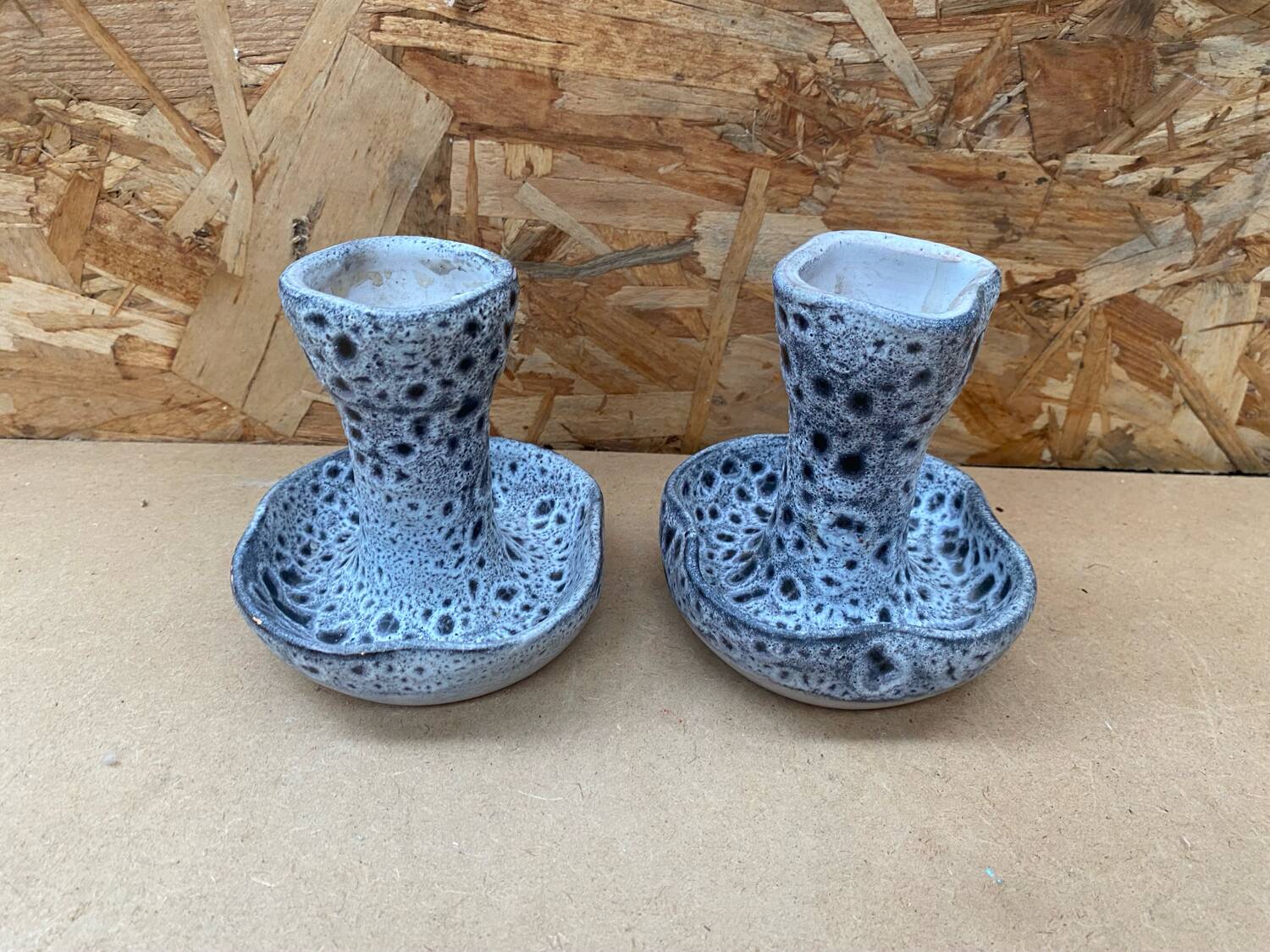Pair of YURTSUA Candle Holders Vallauris Style Grey Ceramic Lava Vintage #B160