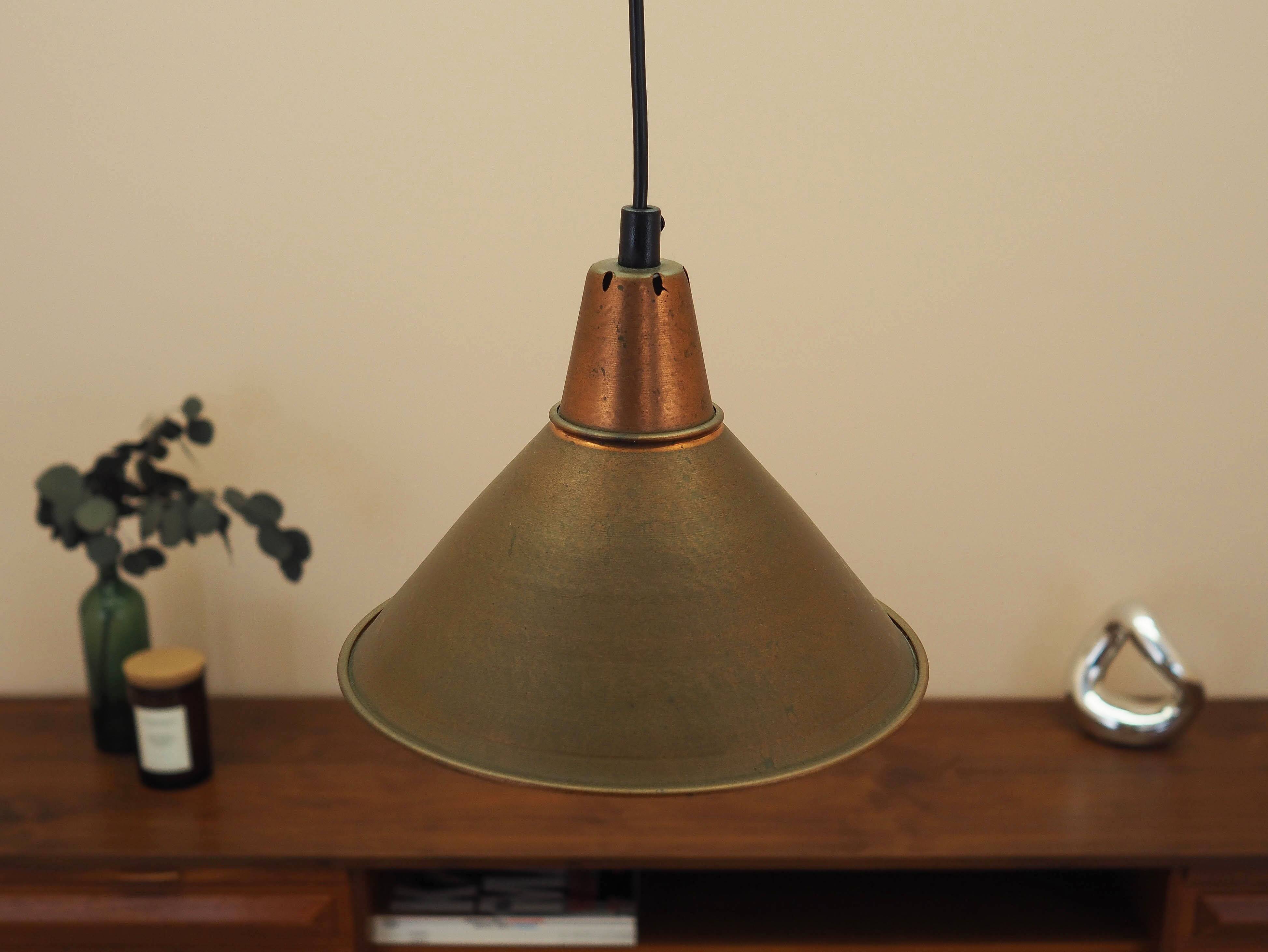 Danish Brass Pendant Lamp, Industrial Cone Shade, 1960s