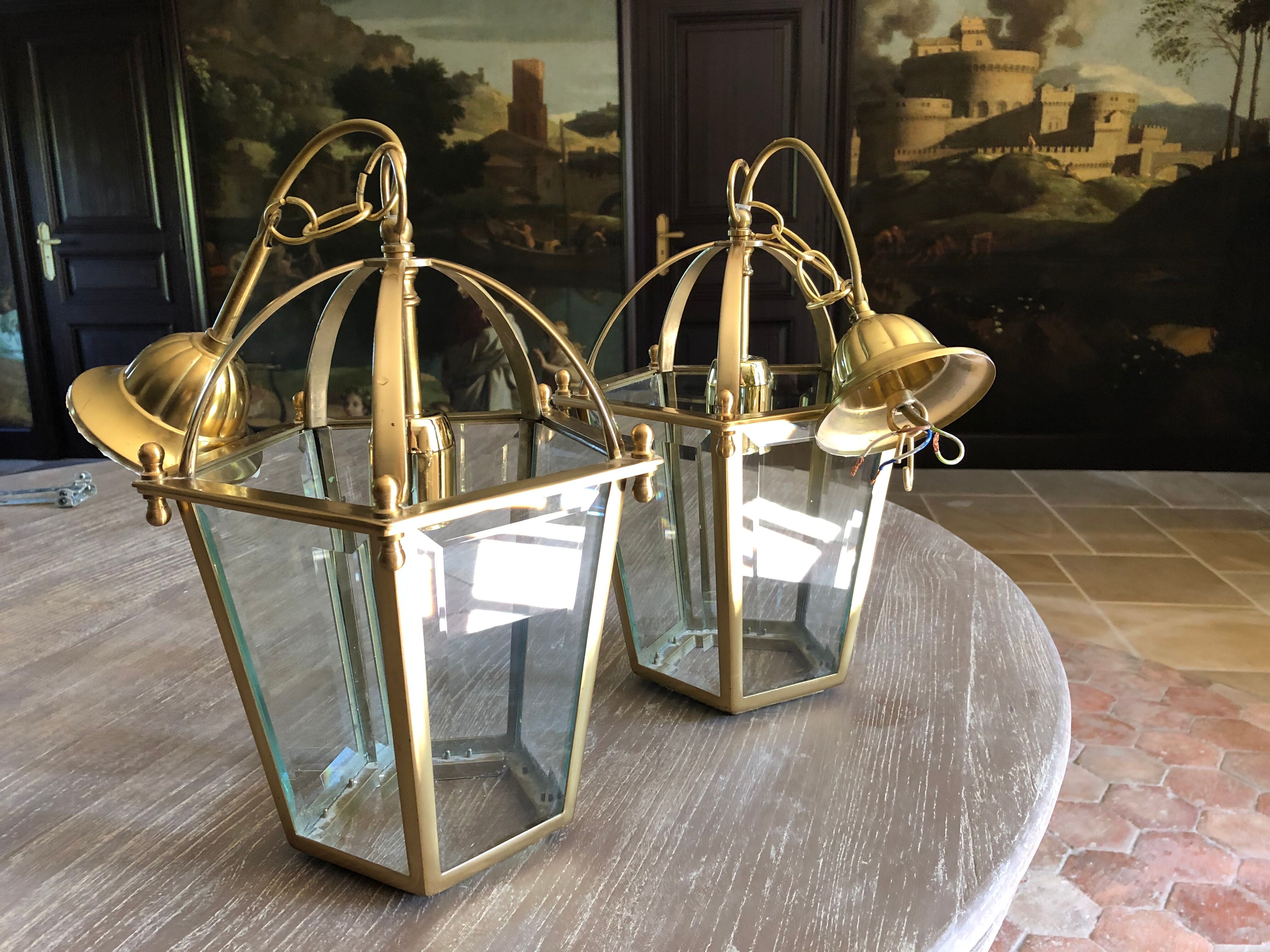 Brass lantern lamps and glass
