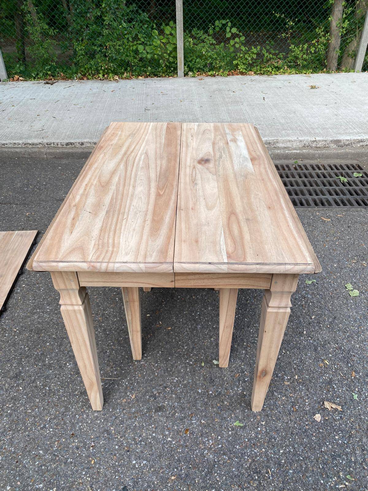 Renovated square extendable dining table in raw solid cherry wood, Louis XVI style.