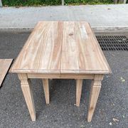Renovated square extendable dining table in raw solid cherry wood, Louis XVI style.