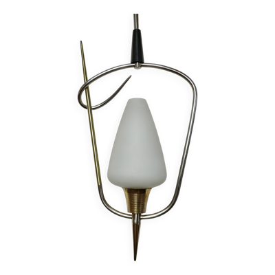 Lustre, suspension arlus, opaline et laiton, années 50 ou 60, vintage