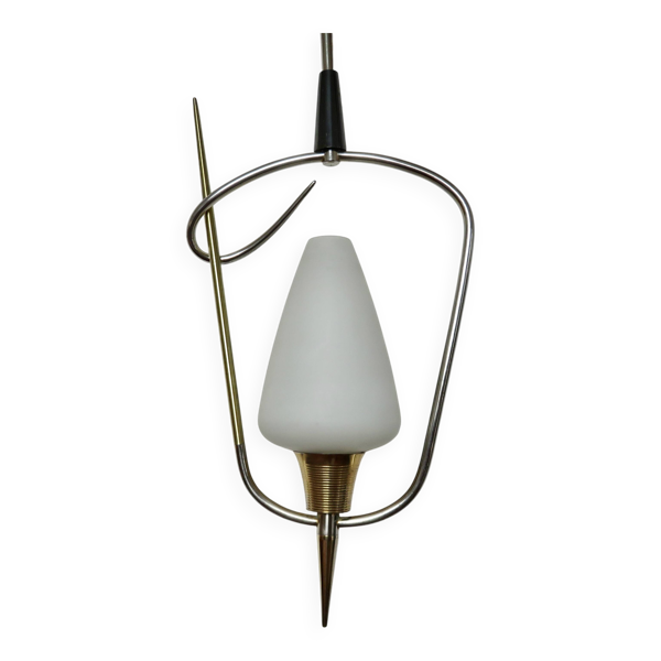 Lustre, suspension arlus, opaline et laiton, années 50 ou 60, vintage — Beyit