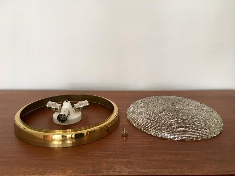 Impressive Mid Century Modern brass and ice glass ceiling lamp