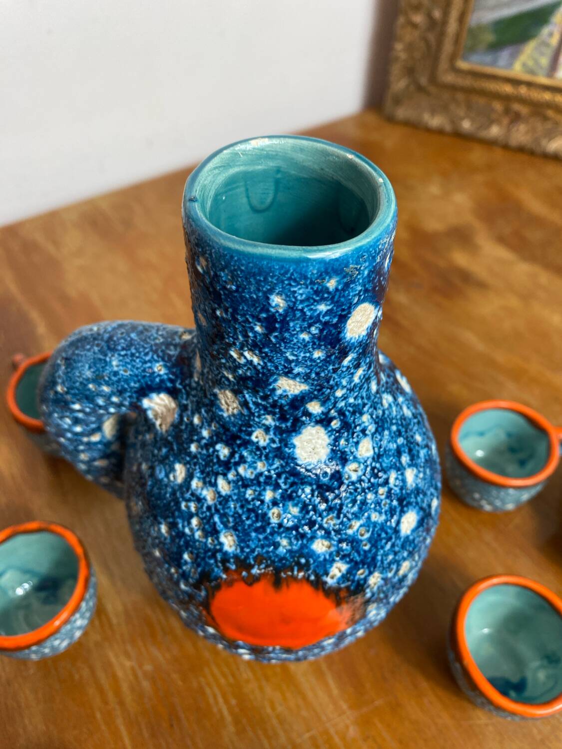 Liqueur service, ceramic, sea foam, Vallauris