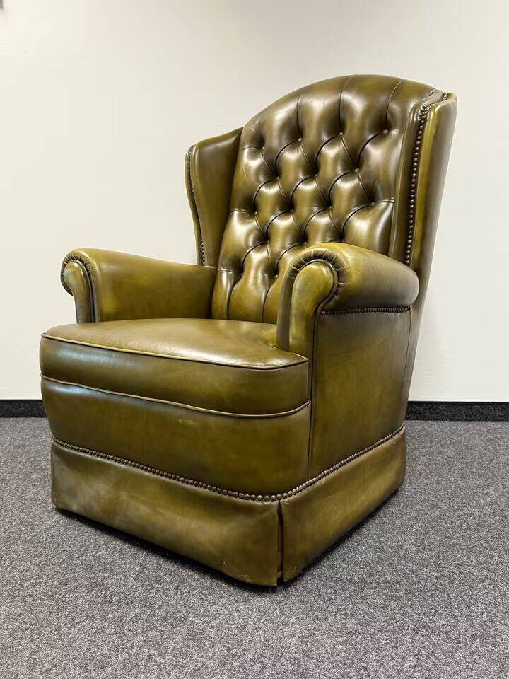 Original English Chesterfield Wingback Chair & Footstool -Retro Green