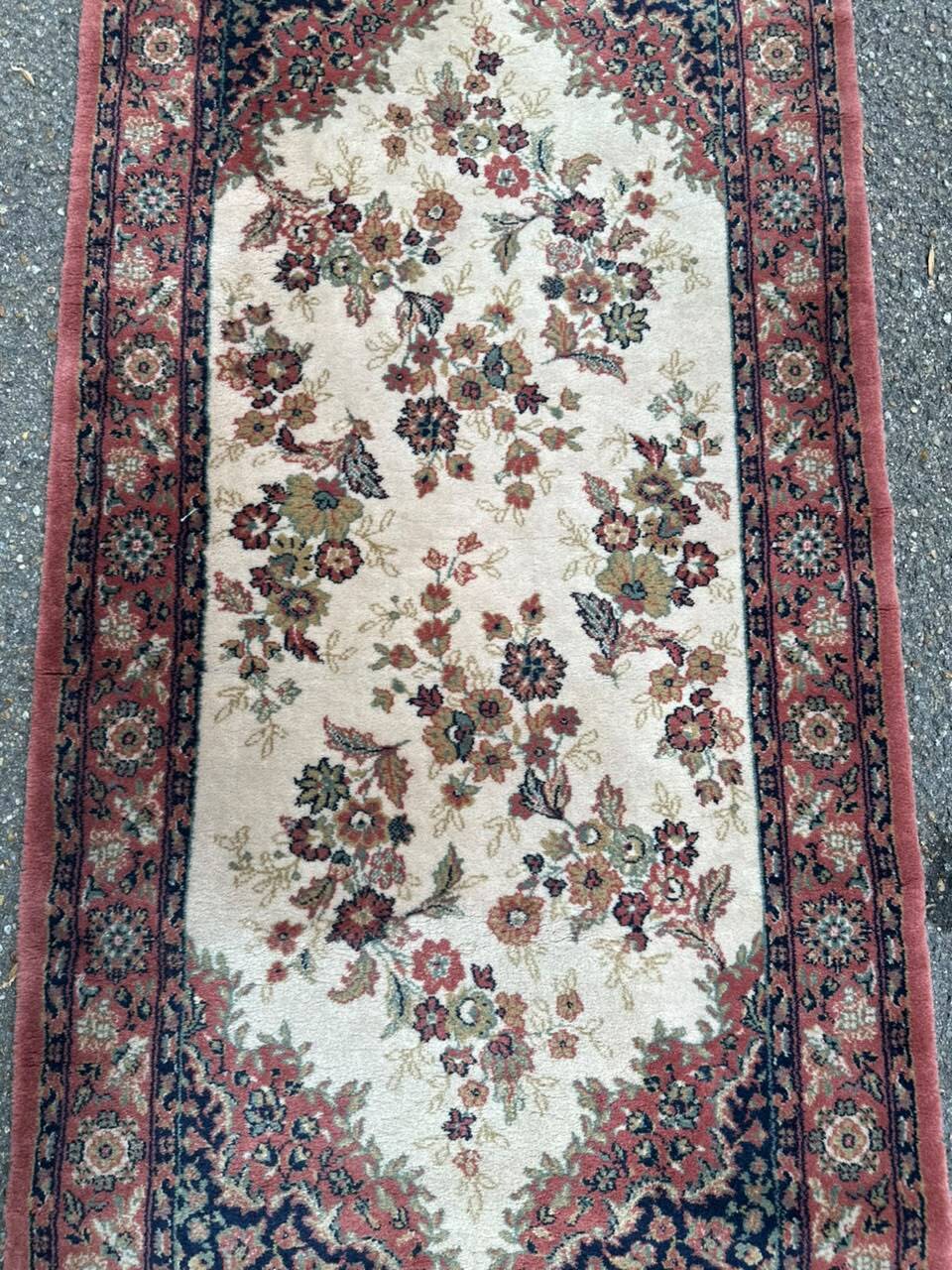 Vintage wool Persian rug with floral patterns 140x70 bedside rug.