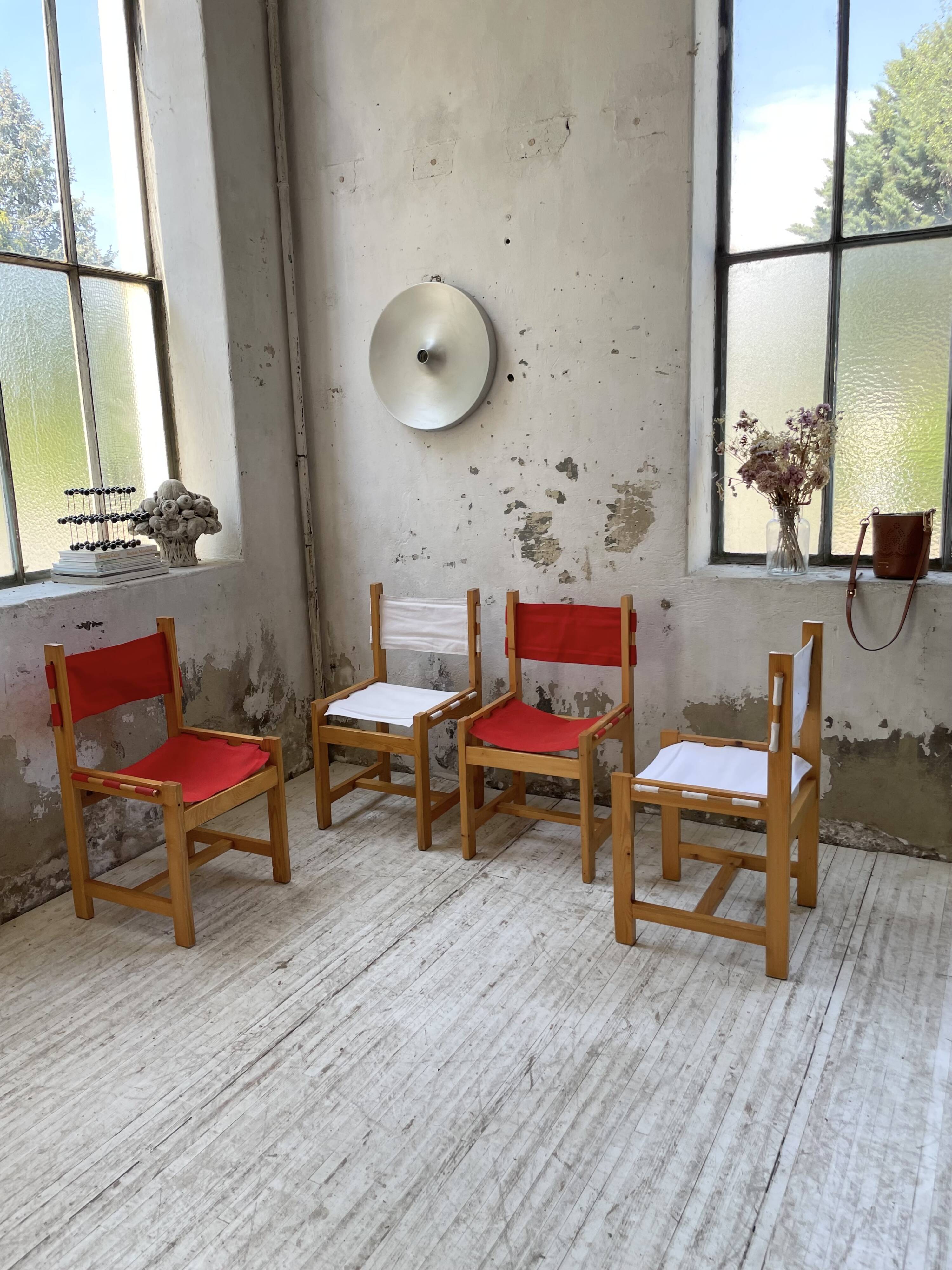 Set of 4 80s colored pine chairs