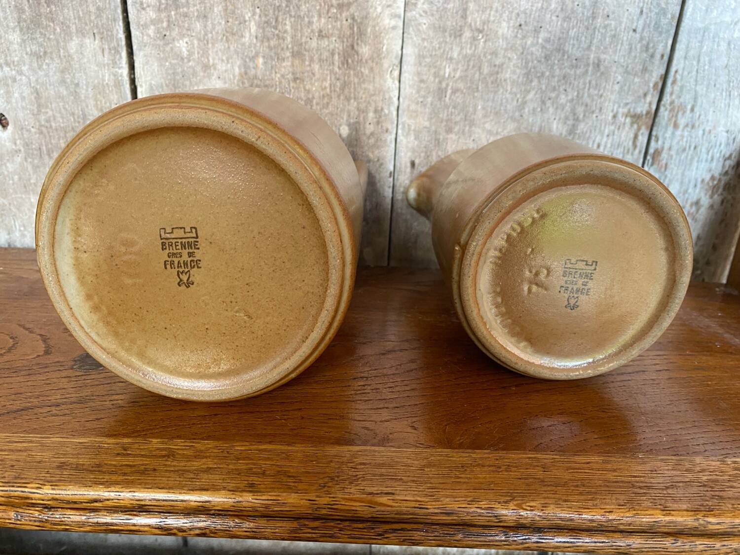 Pair of antique brenne pitchers in beige french stoneware vintage