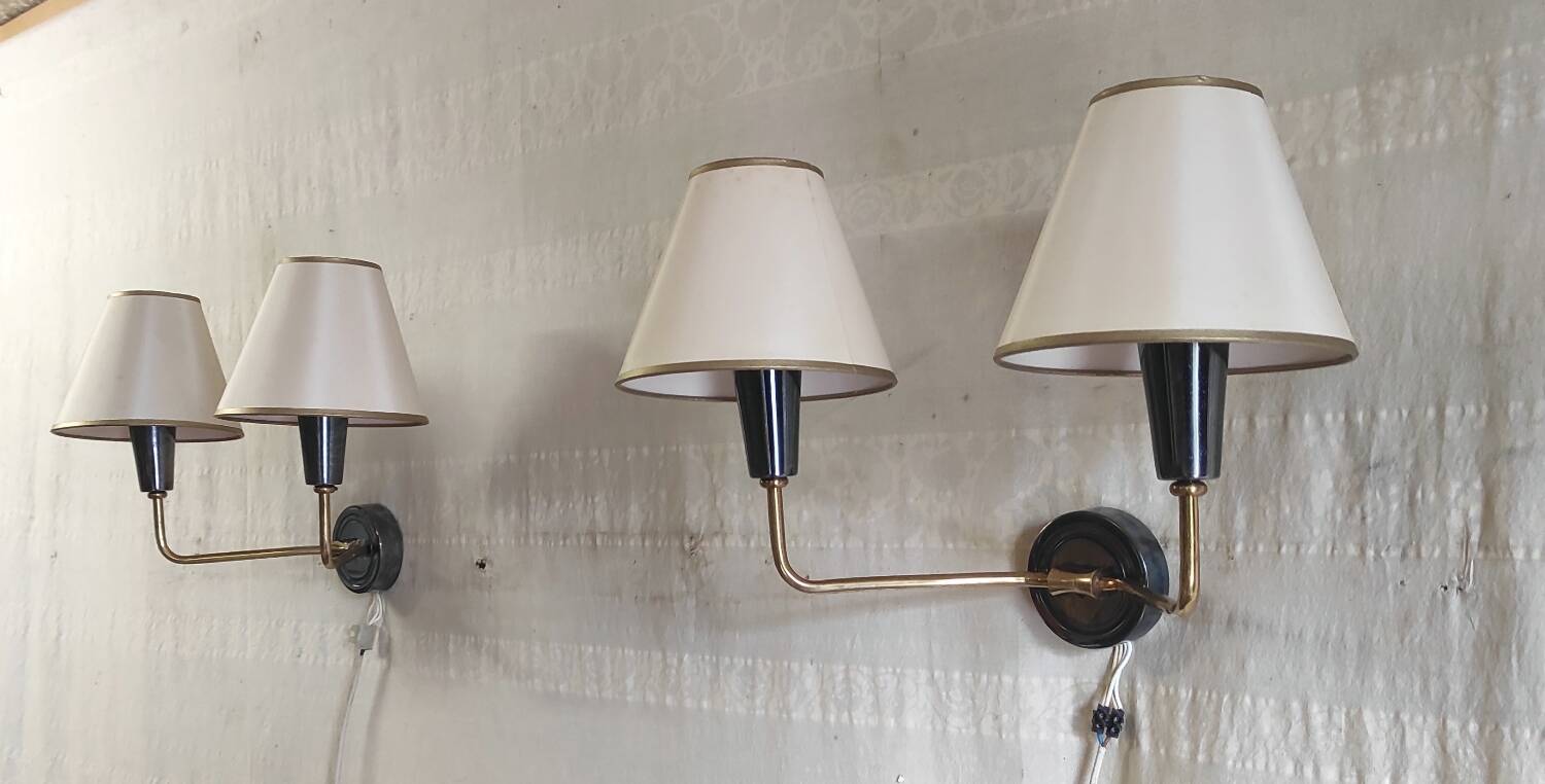 Double light wall sconces in gilded brass and gun barrel - 1950s/60s