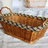 Vintage wicker basket with blue and yellow checkered lining