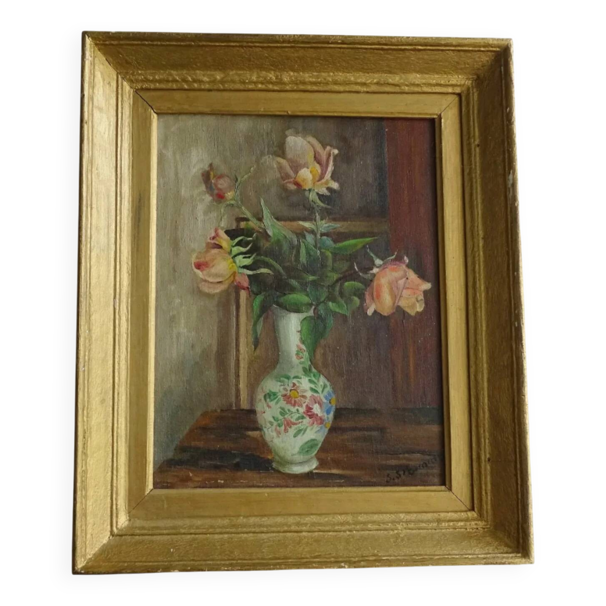 Nature morte ancienne française, huile sur toile, sous cadre doré