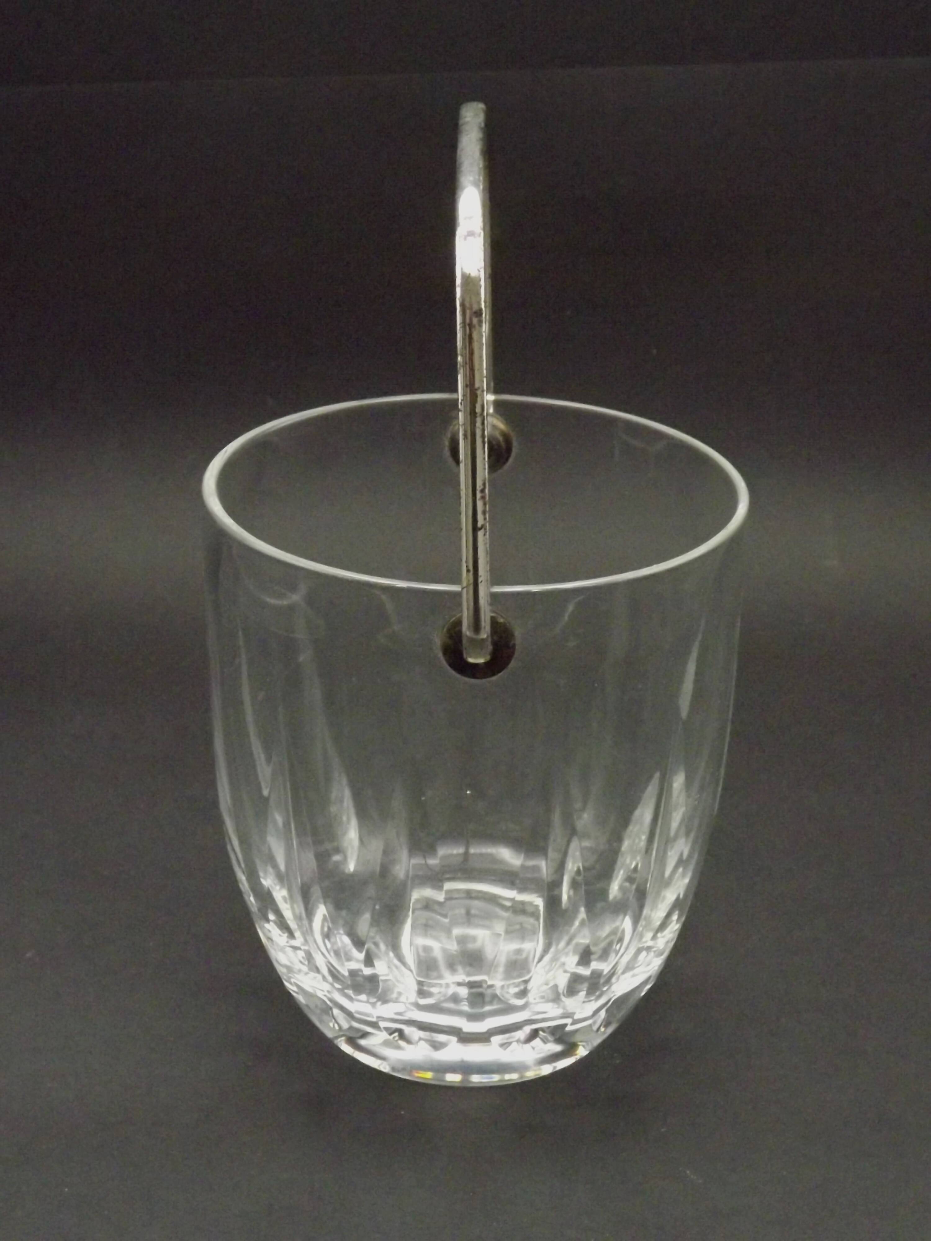 Vintage French heavy cut glass ice bucket with silver metal carry handle 4504.