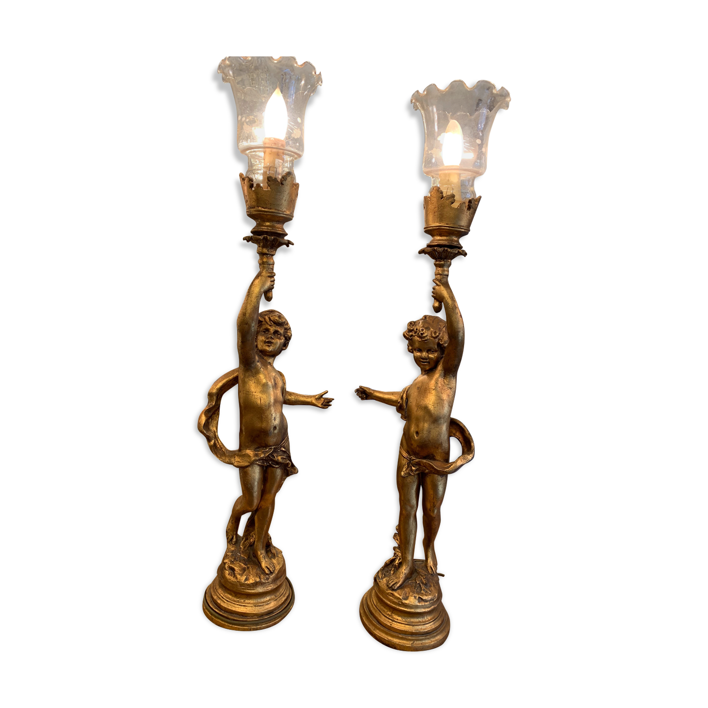 Pair of gilded wooden lamps from the 1960s