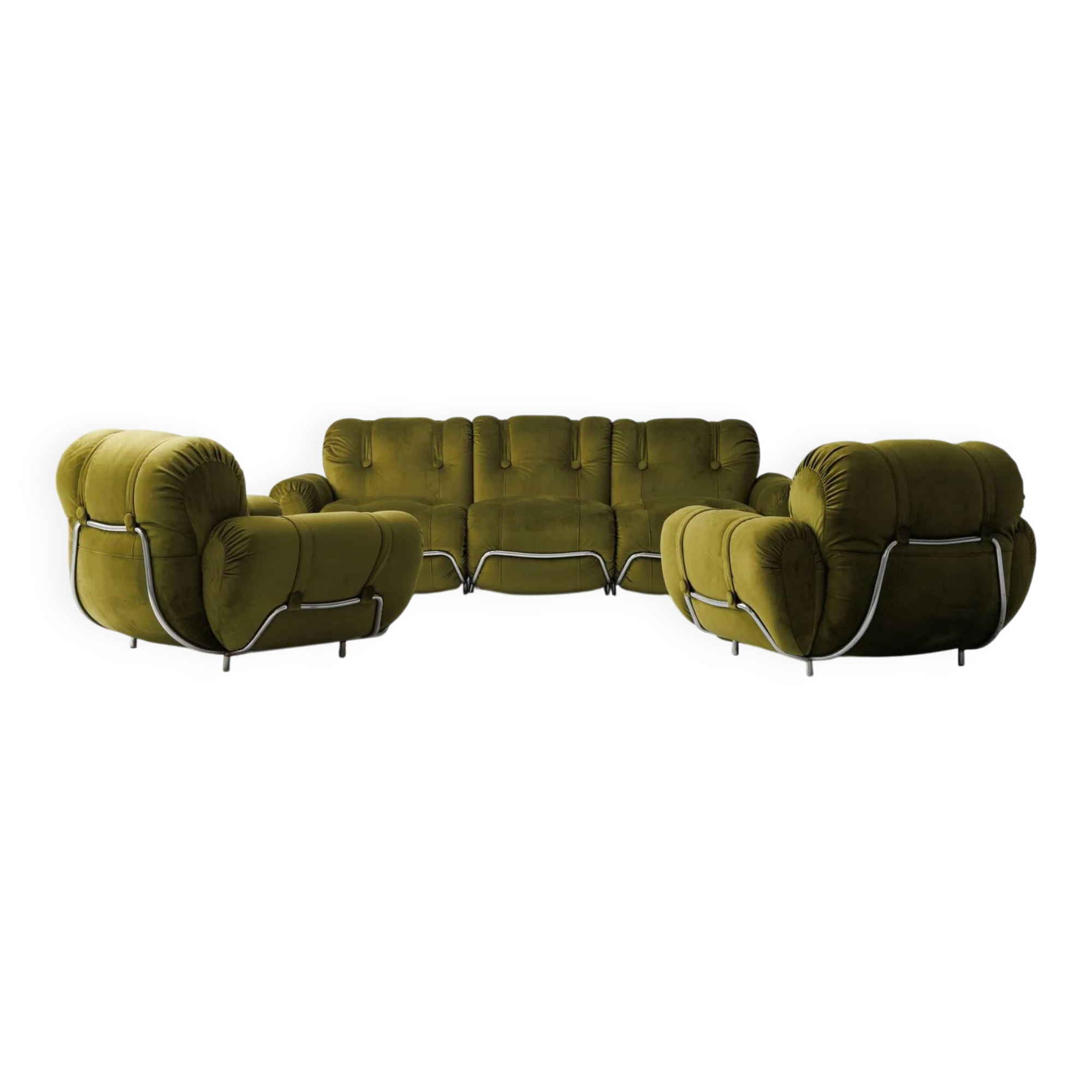Three seater sofa and armchairs dining set by Adriano Piazzesi, reupholstered olive velvet