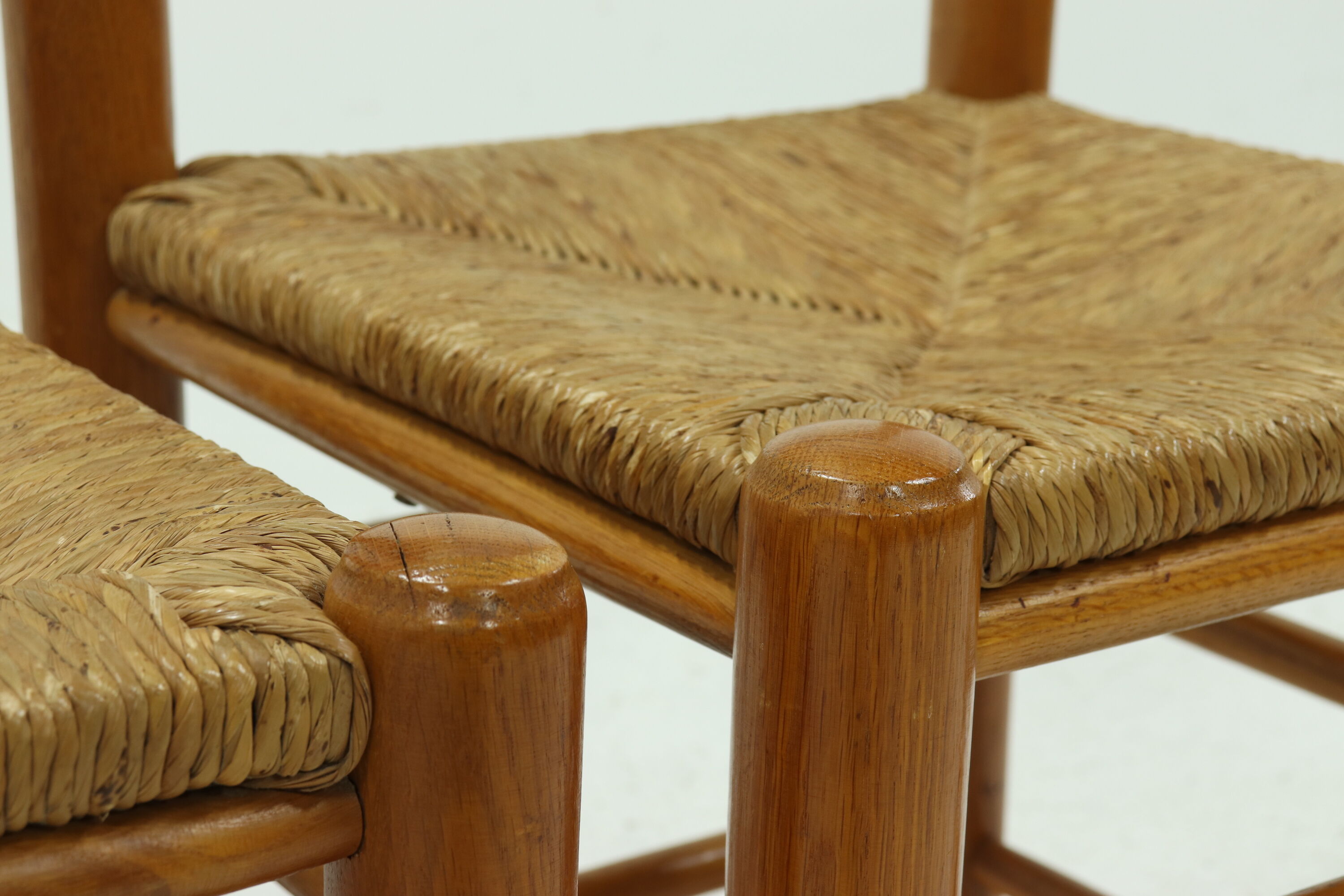 Set of 4 solid oak & rush brutalist dining chairs 1960s