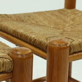 Set of 4 solid oak & rush brutalist dining chairs 1960s