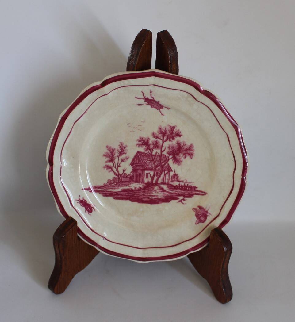 Service Gien "Paysage rose" original 2 plat à gateau + 8 assiette à dessert