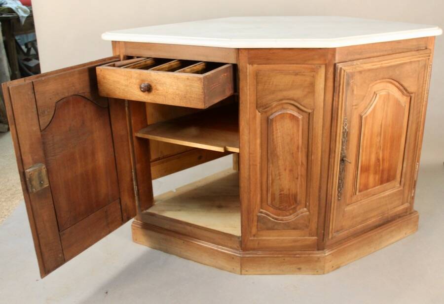 19th century walnut corner cupboard with Carrara marble top