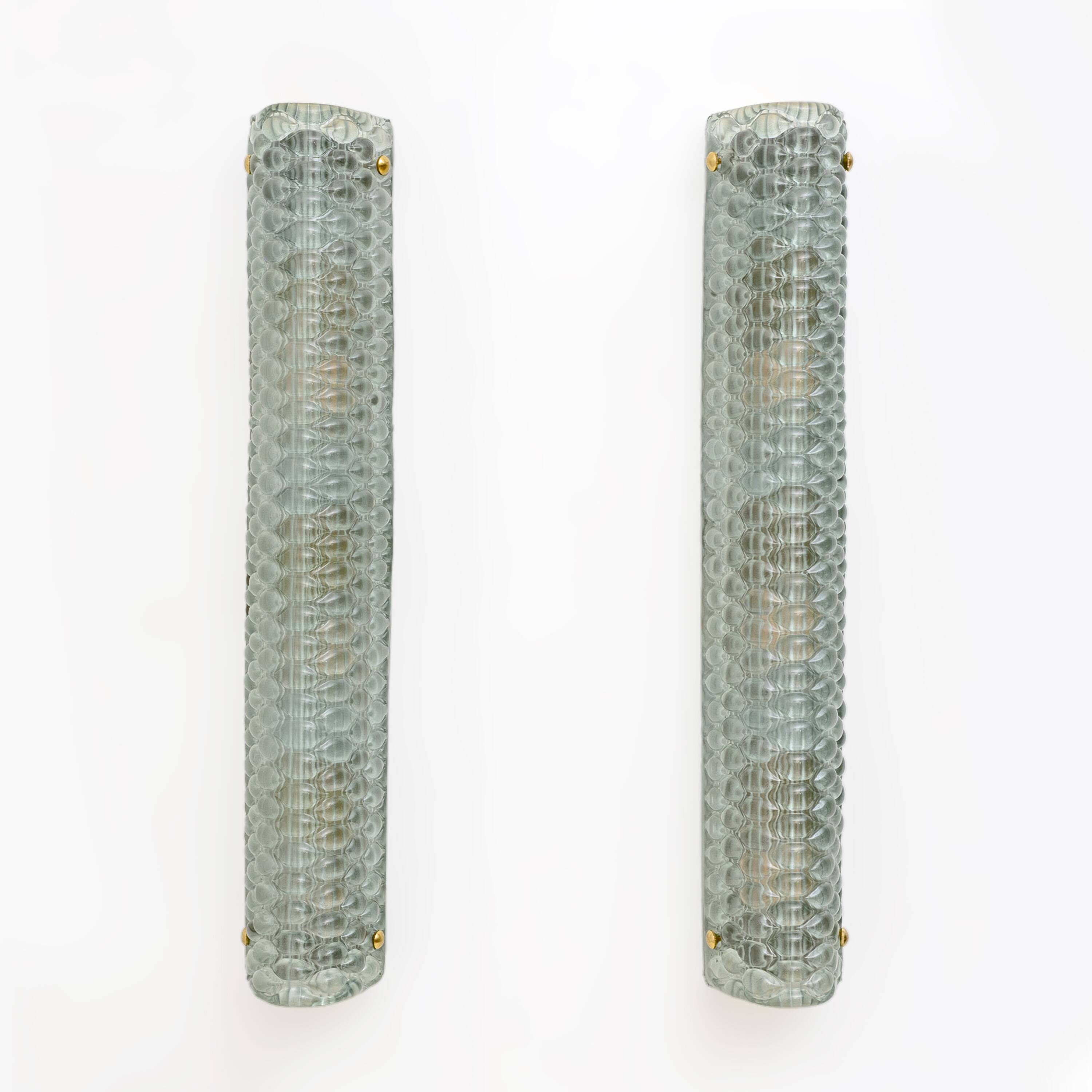 Pair of Modern Italian Brass and Murano Glass Textured Light Green Wall Sconce