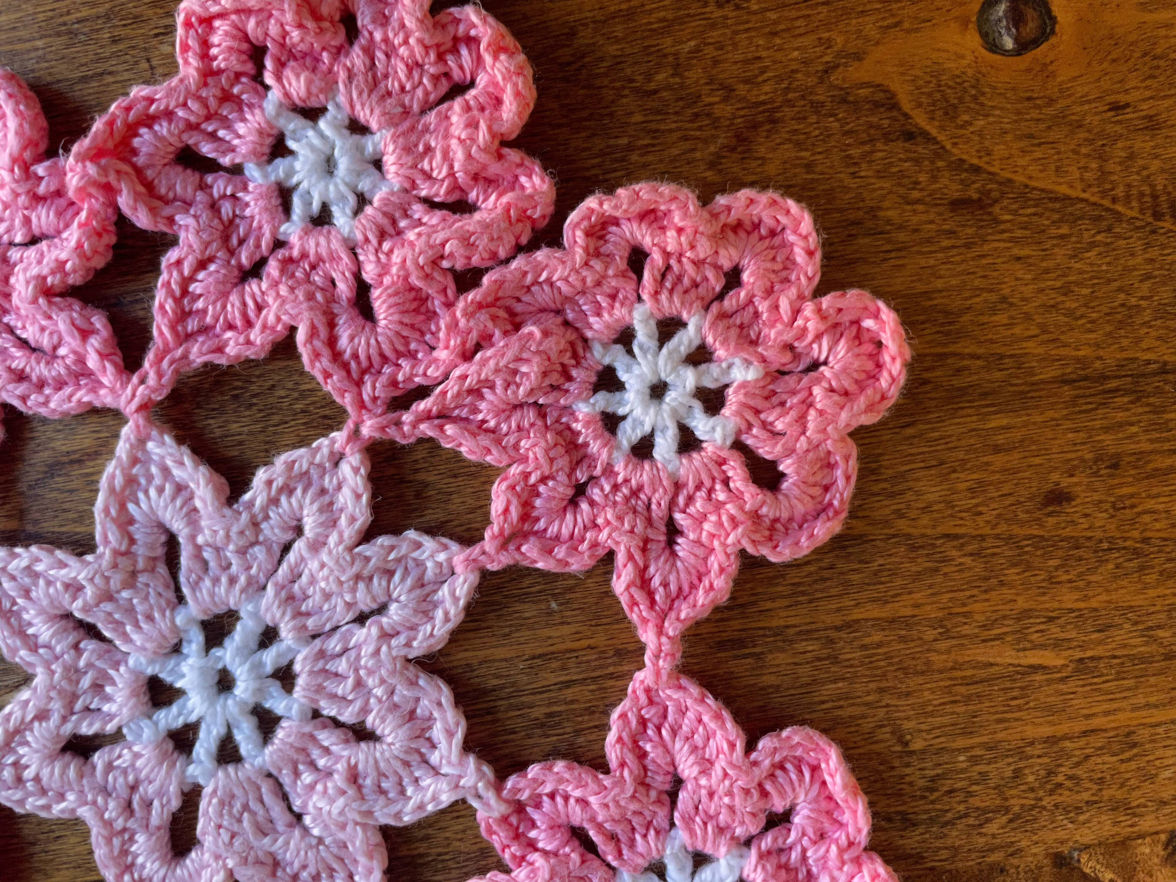 Set of 2 vintage crochet placemats - white, pink and blue