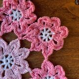 Set of 2 vintage crochet placemats - white, pink and blue