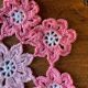 Set of 2 vintage crochet coasters - white, pink and blue