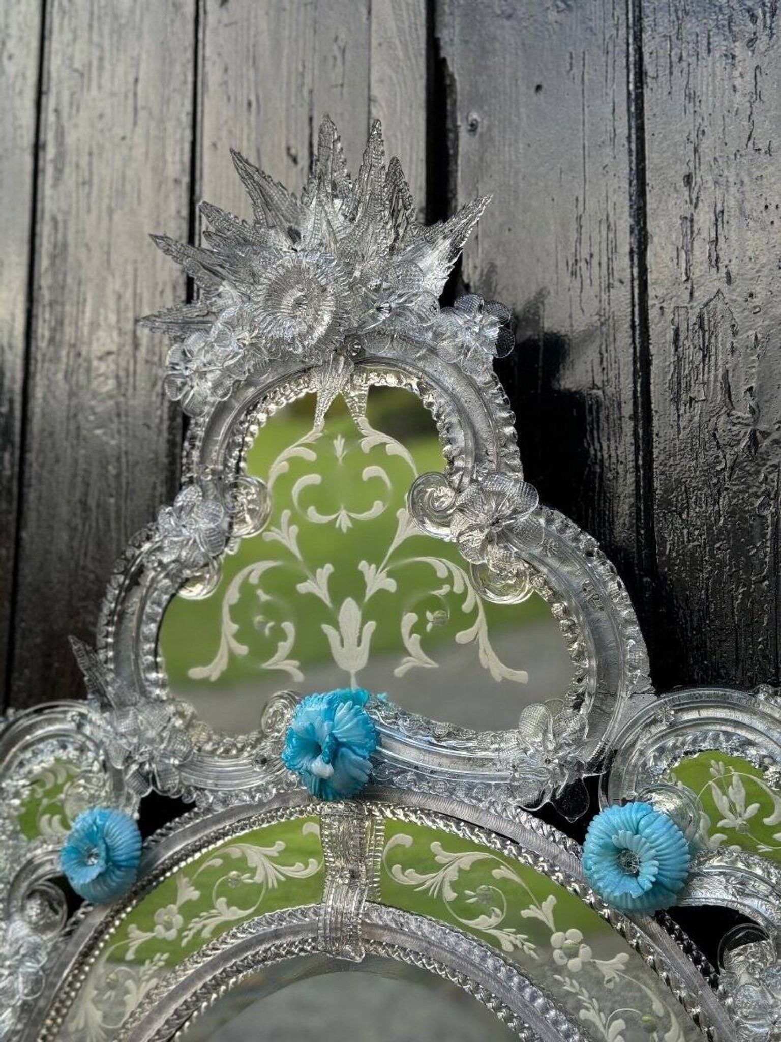 Miroir Vénitien En Verre De Murano Incolore Et Bleu