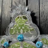 Miroir Vénitien En Verre De Murano Incolore Et Bleu