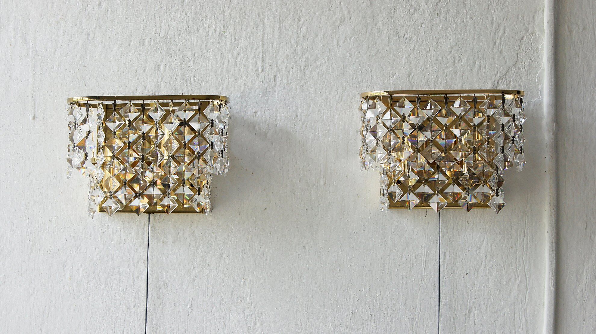 Appliques murales en laiton et cristal en verre de Palwa