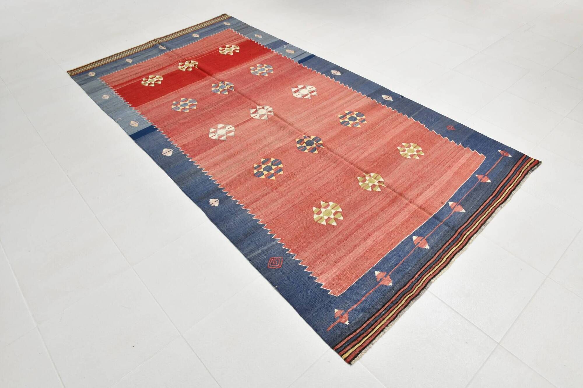 5x10 Blue and Red Vintage Kilim Rug, Handwoven Wool Area Rug, 149x291Cm