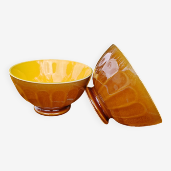 Pair of brown/yellow ribbed bowls - Digoin & Sarreguemines