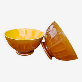Paire de bols côtelés marron/jaune - Digoin & Sarreguemines
