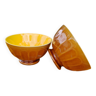 Pair of brown/yellow ribbed bowls - Digoin & Sarreguemines