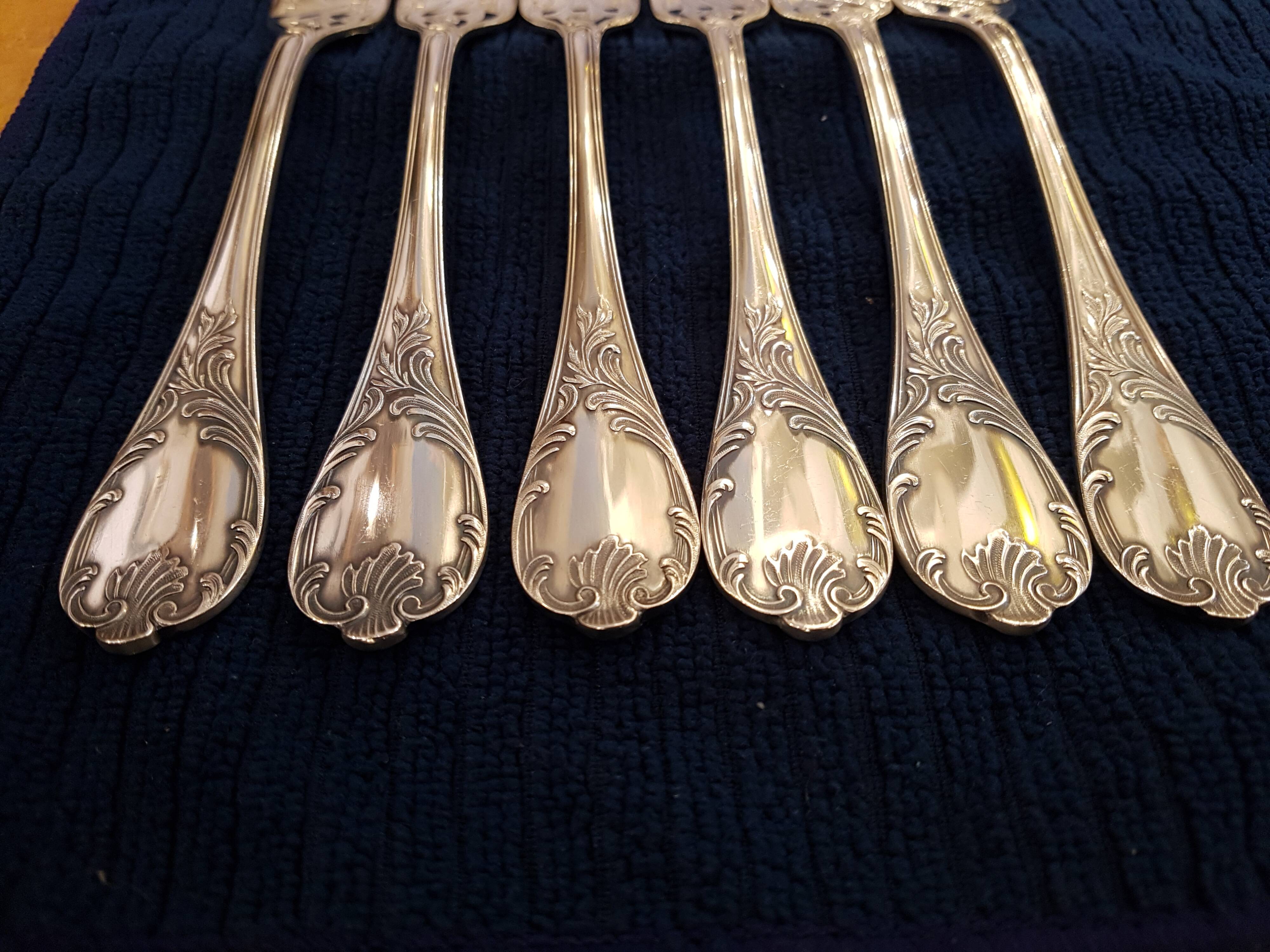 6 silver metal forks, Model Marly, by Christofle.
