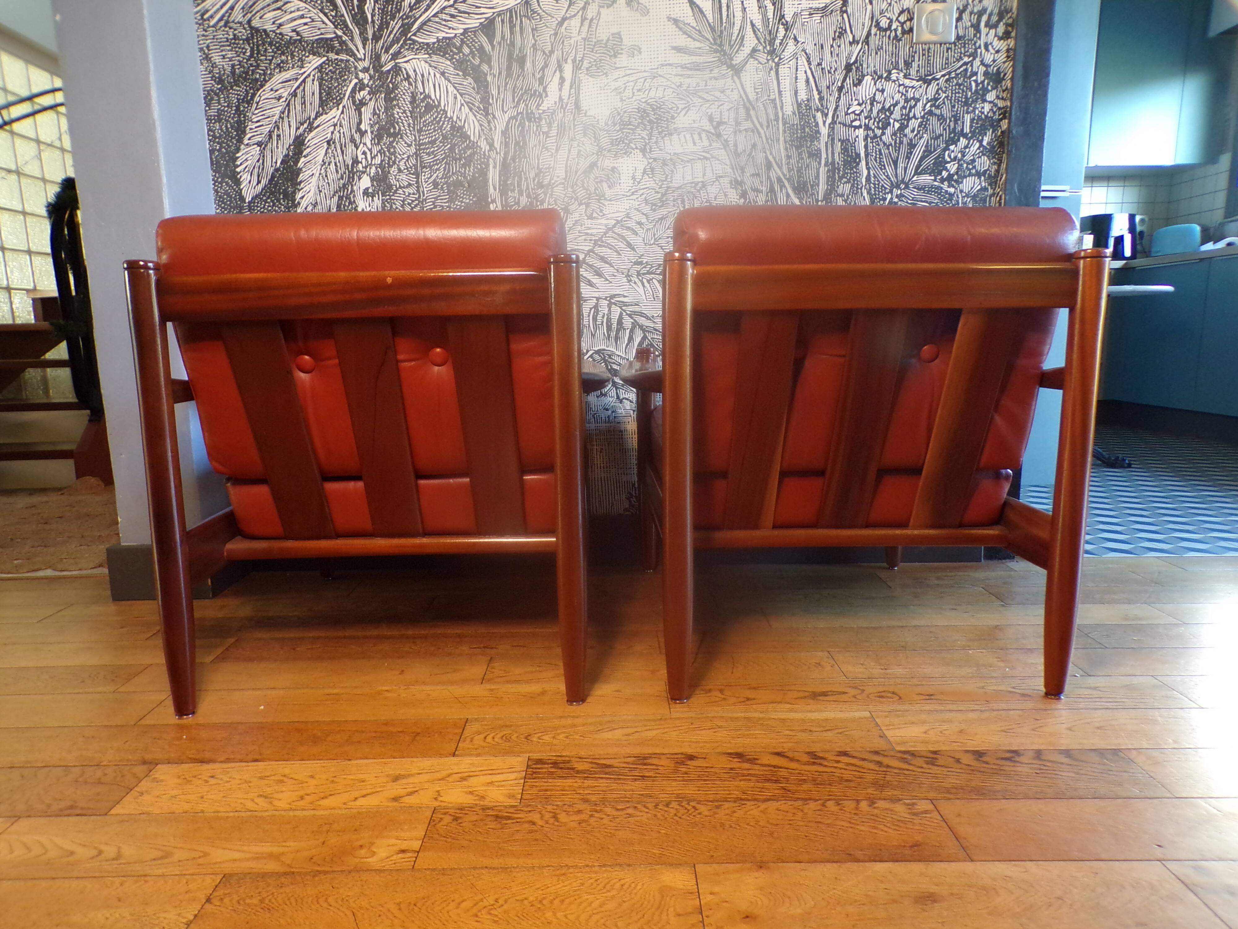 Pair of Scandinavian teak and leather armchairs