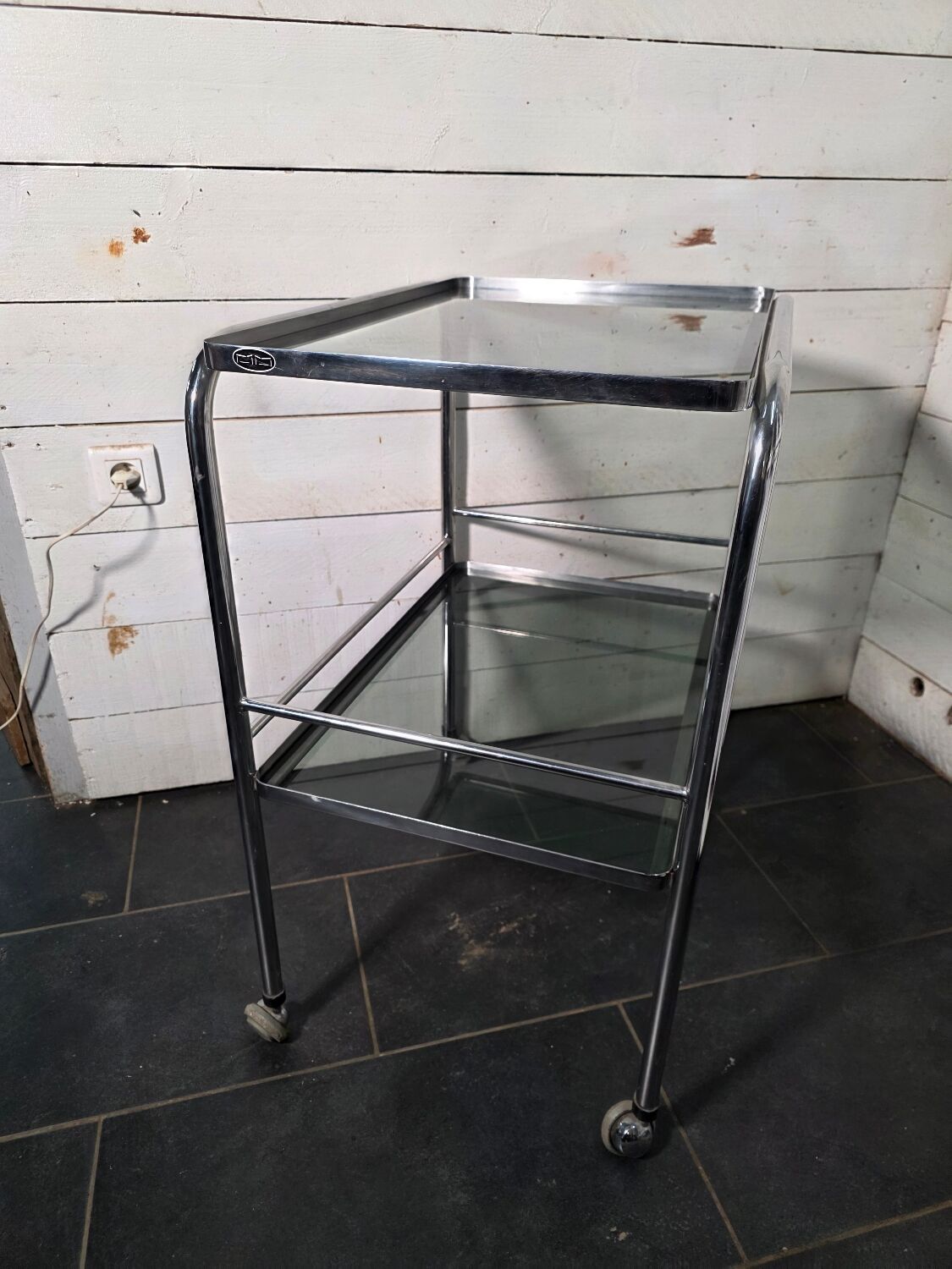Vintage chrome metal dessert trolley with smoked glass from the 1970s.