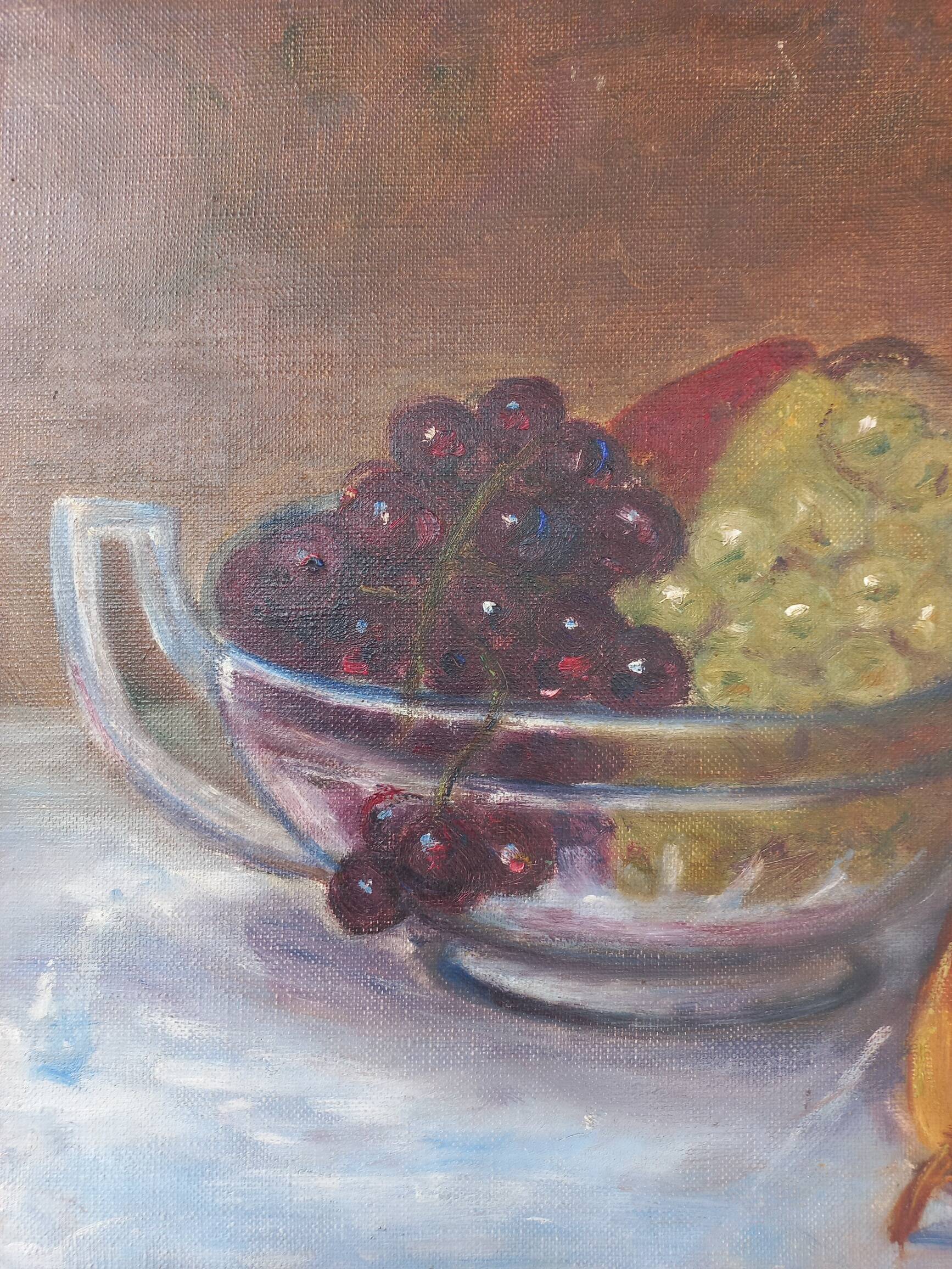 Tableau nature morte huile coupe raisins