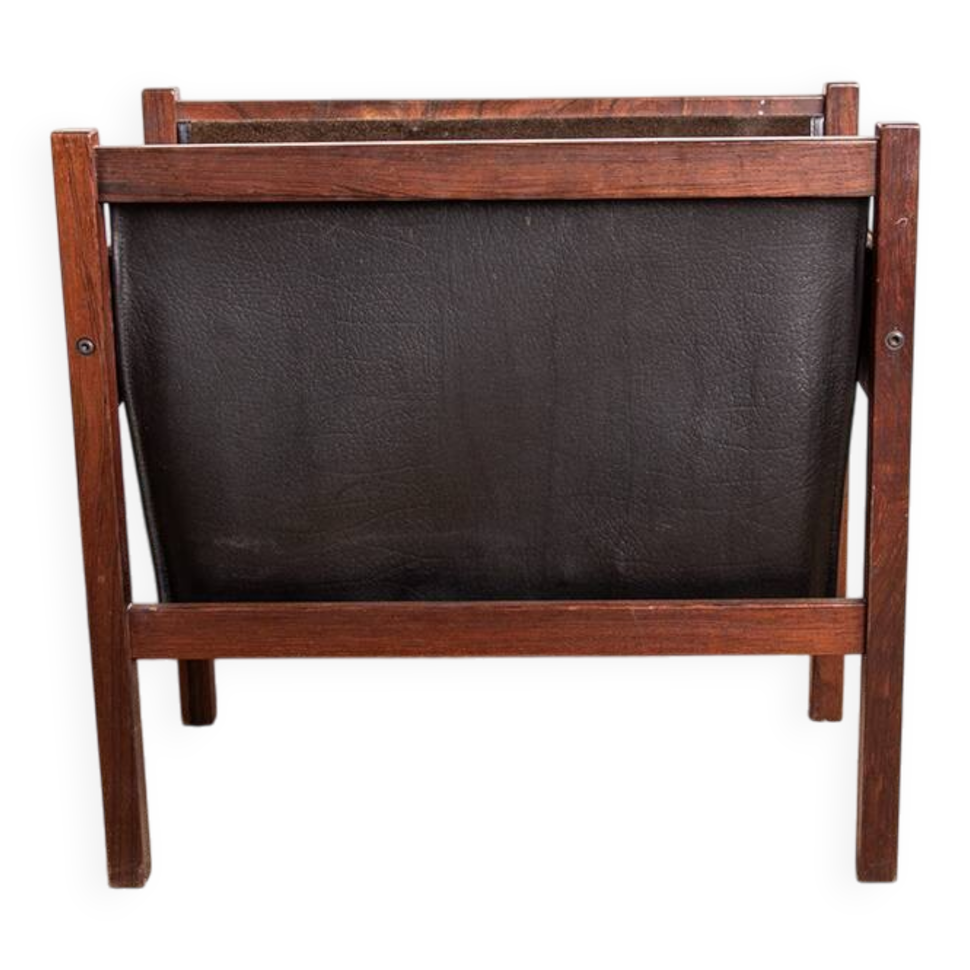 Danish magazine rack in rosewood and leather, 1960.