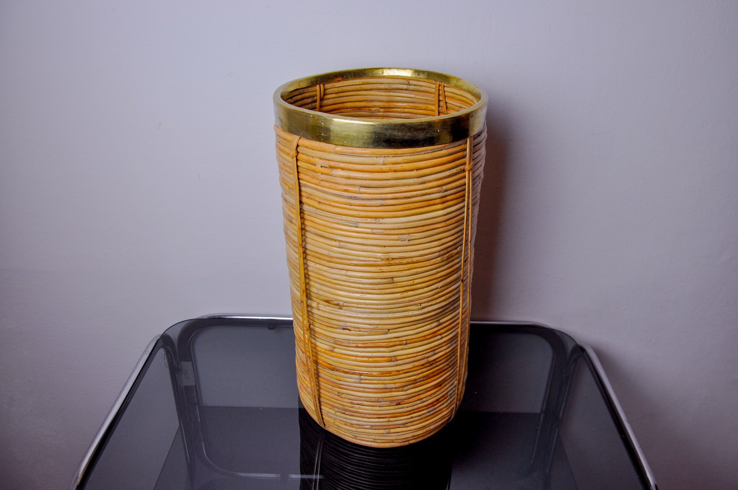 Rattan and brass umbrella stand, Italy, 1970